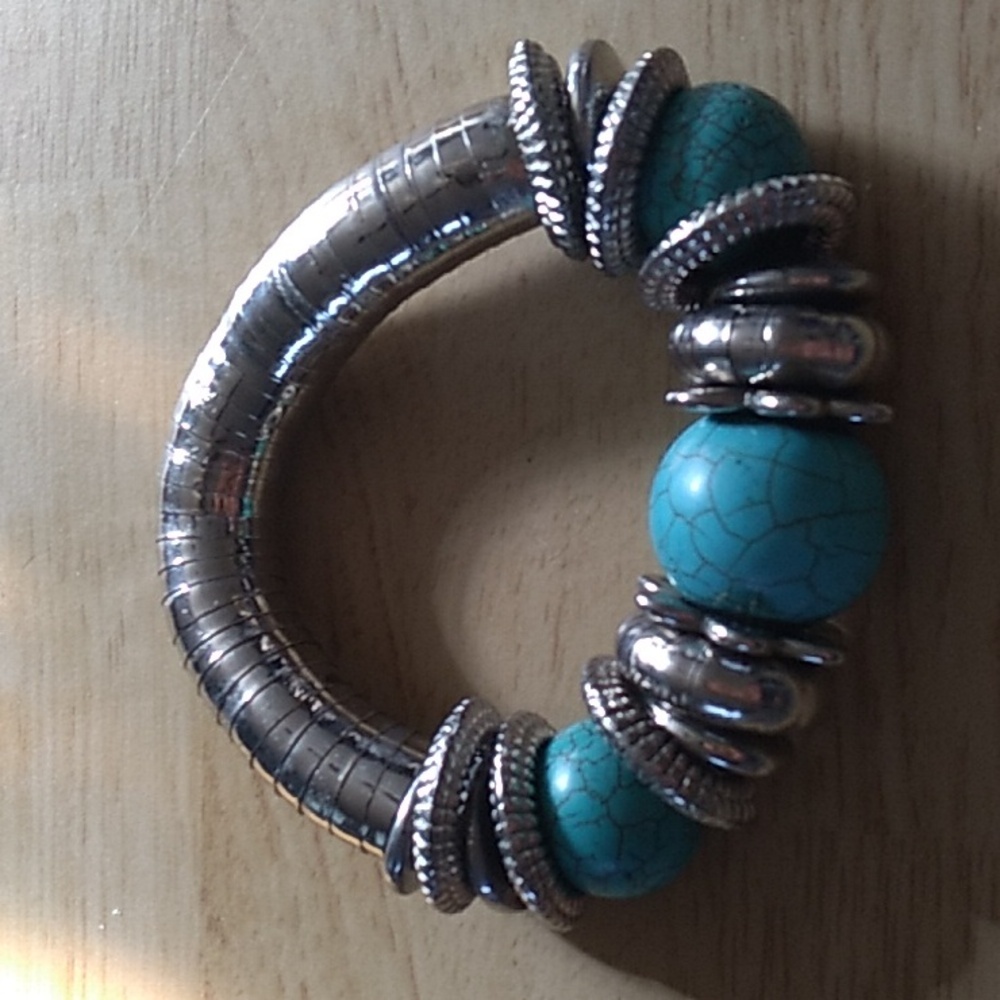 Chunky Statement Semi Precious Beads Silver Tone Snake Bracelet